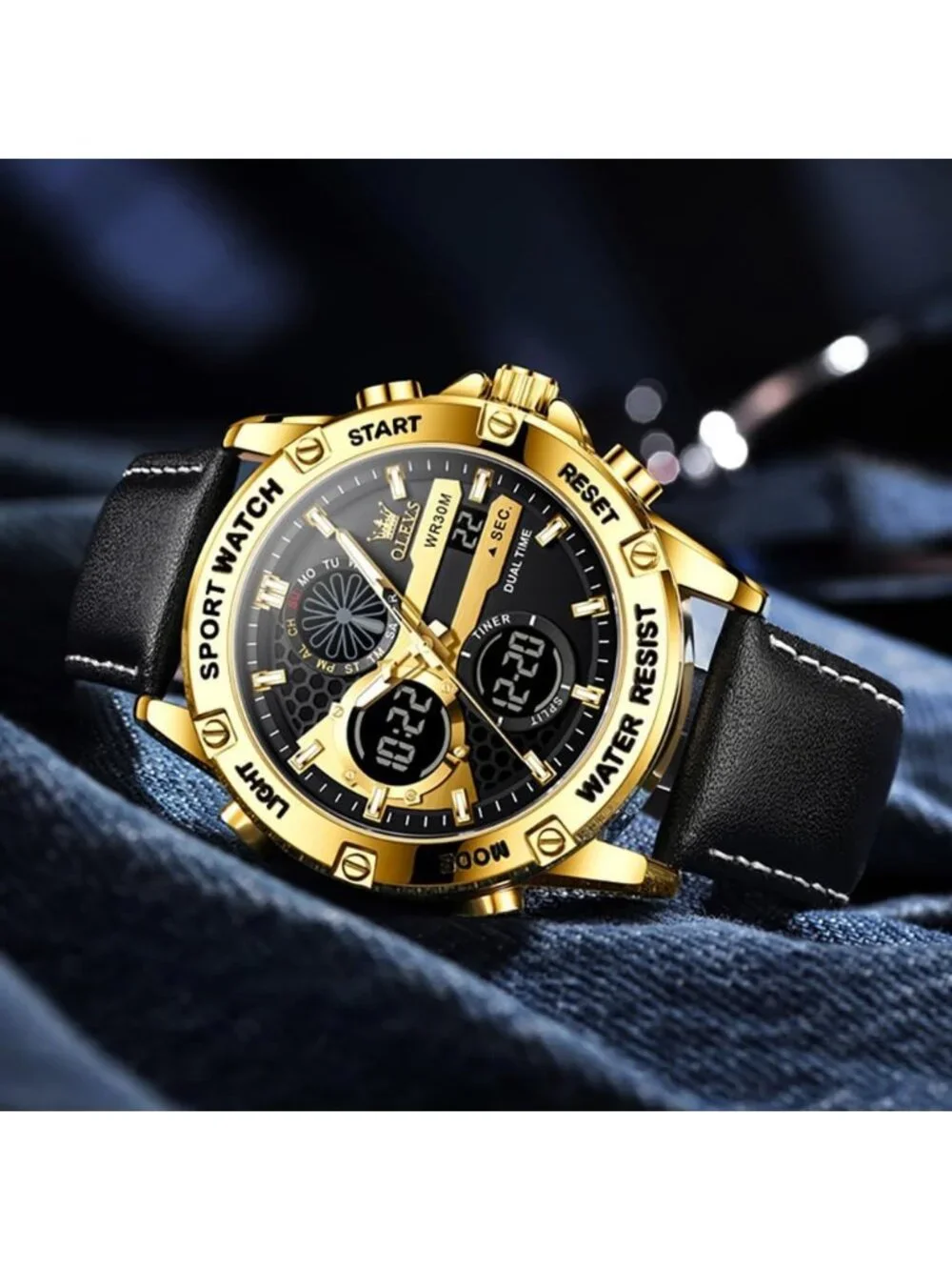 Men's Gold Black Leather Chronograph Fashion Digital Waterproof Wrist Watch